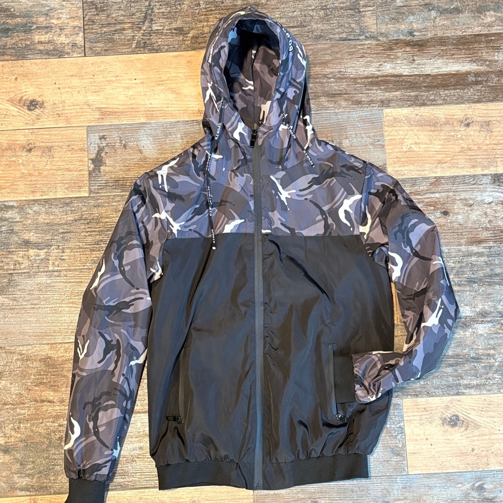 Men's Black & Gray Camo Hooded Windbreaker Jacket